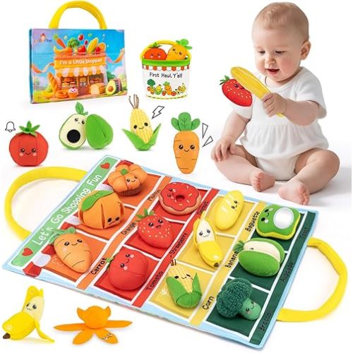 Montessori Baby Toys for 6-12-18 Months - My First Shopping Trip Baby Sensory Toys with Color Sorting Play Food, Crinkle & Rattle, Fine Motor Learning Toddler Toys for 1-2 Year Old Boy Girl Gifts