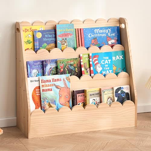 Montessori Bookcase for Kids - 3-Tier Wooden Book Shelf, Natural Solid Pine Front-Facing Bookshelf for Nursery, Playroom, Kids Room & Classroom