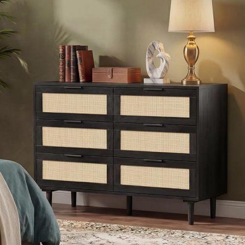 FUQARHY 6 Drawer Dresser Rattan Dresser Modern Chest with Drawers,Wood Storage Closet Dressers Chest of Drawers for Bedroom,Living Room,Hallway (Natural)