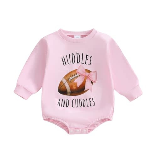 Sasaerucure Newborn Infant Baby Girl Game Day Outfit Huddles and Cuddles Football Baby Long Sleeve Romper Pink Bow Onesie