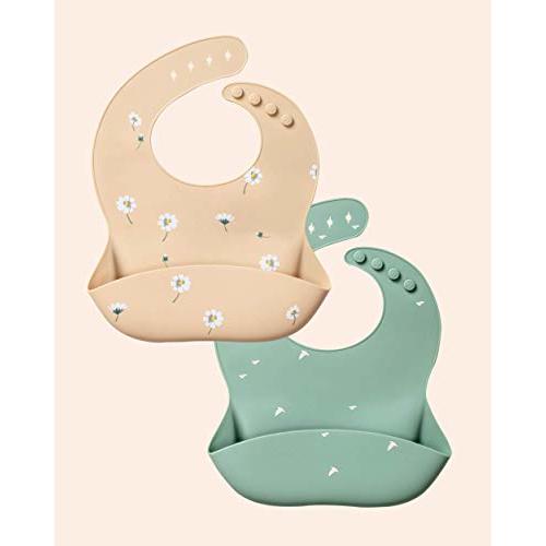 Nightingale Silicone Baby Bibs for Babies and Toddlers Set of 2 - Waterproof, Adjustable, Soft, Silicone Baby Bibs with Pocket Stops Stains - Feeding Bib for Girls or Boys - Cosmos/Nightingale