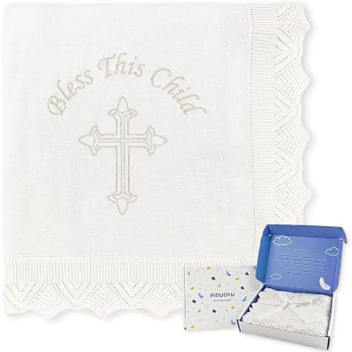 Baby Baptism Blanket, White Cotton Knit Christening Gift, 40x31in