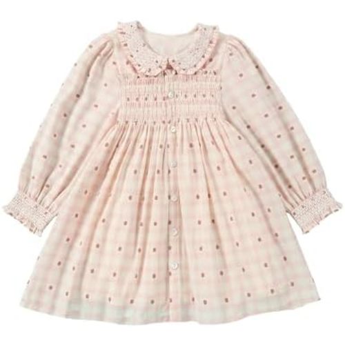 Twoflower Hand-Embroidered Dress - Smocking and Lace Vintage Autumn Long Sleeve Clothing Kids Toddler Holiday Birthday Party
