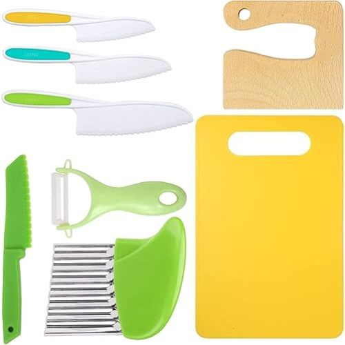 Leking 8 Pcs Wooden Kitchen Knife Set for Kids - Includes Safe Knives, Serrated Plastic Knives, Potato Slicers, Sandwich Cutter, Peeler and Cutting Board