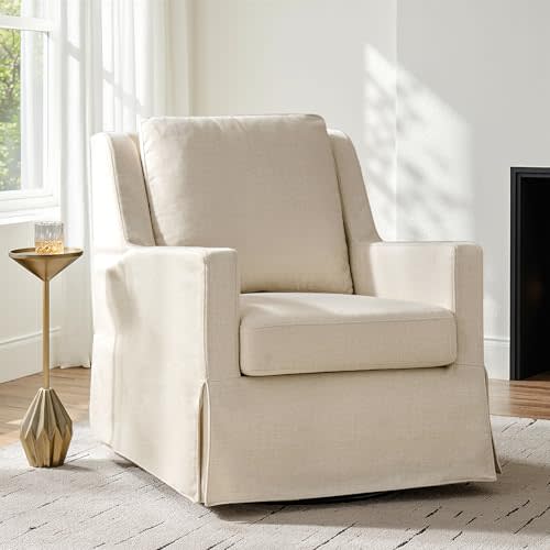 HULALA HOME Farmhouse Swivel Rocker Chair with Washable Slipcover, Beige | Swivel Rocking Accent Chair with Down Filled Cushions, Fabric Upholstered Barrel Armchair for Living Room Bedroom Reading
