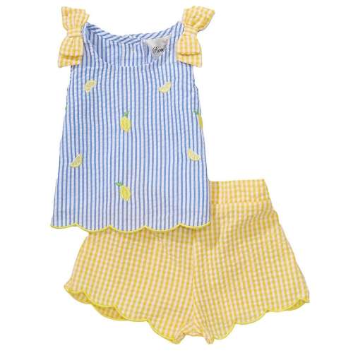 Rare Editions Baby Girls Sleeveless Lemon-Schiffli-Embroidered Striped Seersucker Tank Top & Checked Seersucker Shorts Set