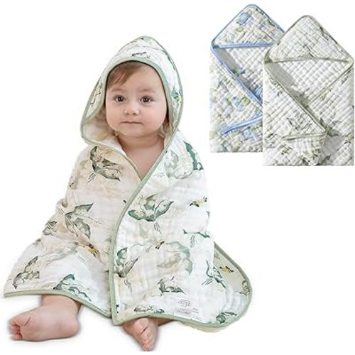 Muslin Hooded Baby Towels 2 Pack, Ultra Soft & Absorbent Baby Bath Towels, Bath & Beach Essentials, Shower Gifts for Newborns, Babies, Infant, Toddler - 32x32 Inch (Floral & Blueberry)