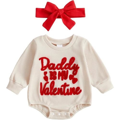 Amnnchya Baby Girl Valentines Outfit Daddy Is My Valentine Waffle Long Sleeve Bubble Romper Jumpsuit Cute Fall Spring Clothes