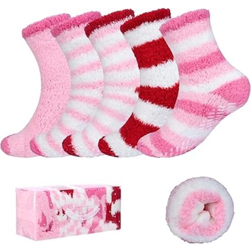 Bulinlulu Fuzzy Socks With Grips for Women, 5 Pairs Non Slip Sleep Warm Fluffy Slipper Socks Gifts for Women