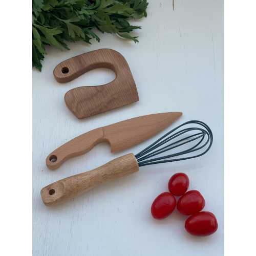 Montessori Wooden Knife and Whisk Set: Toddler-Safe Wood Kitchen Utensils