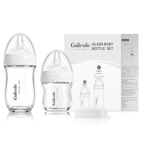 Gulicola Natural Glass Baby Bottle Newborn Set, 3 oz and 5 oz with Extra Slow Flow & Slow Flow Nipple, Anti Colic, 0-3 Months, 2 Pack - White