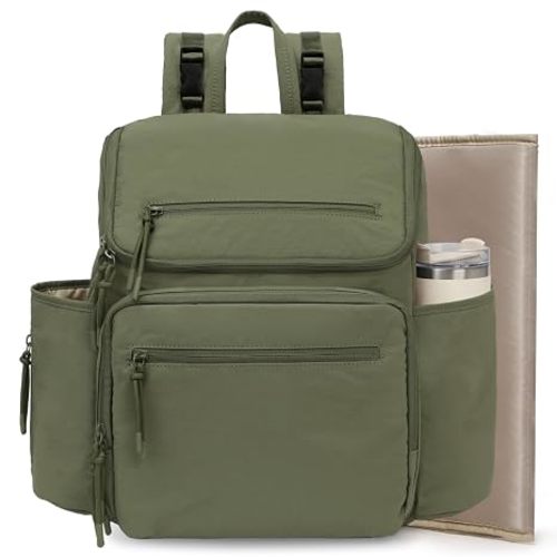 Omanmoli Diaper Bag Backpack Large Baby Travel Bag 30 OZ Tumbler Holder | 17 Diaper Essential Organizers,4 Insulated Pockets,Tissue Pocket,Wet-dry Pocket,Portable Changing Pad,Stroller Buckles,Green