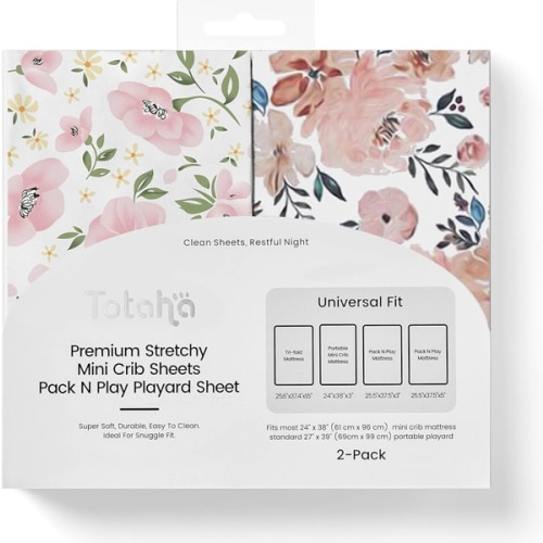 Graco Pack and Play Sheets Fitted, TotAha Buttery Soft Mini Crib Sheets Girl, Floral Pack N Play Mattress Sheets Hypoallergenic, Premium Jersey Playrad Sheets, Meredith Allover & Pale Pink, 2 Pack