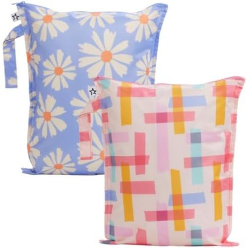 Tiny Twinkle Mess Proof Wet Bags | 2-Pack Reusable Waterproof Wet Bags for Swimsuits | Baby Clothes | Travel & Diaper Bag (Daisies,Playful)