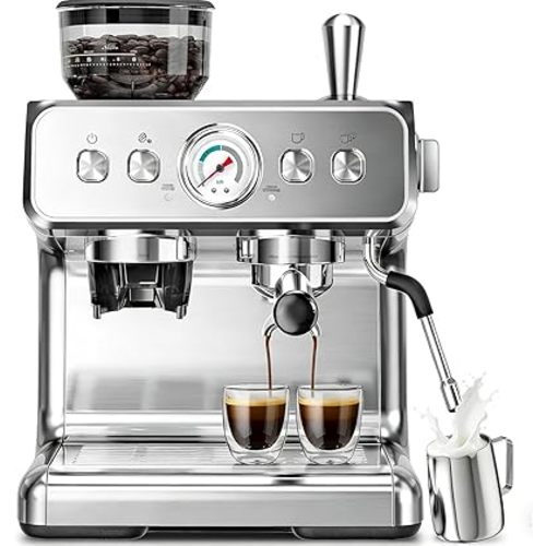 Kismile Espresso Machine with Grinder, 20 Bar Expresso Coffee Machines with Milk Frother, 58mm Expresso Machines for Home, Perfect for Cappuccino & Latte, Silver(2026 Upgrade)