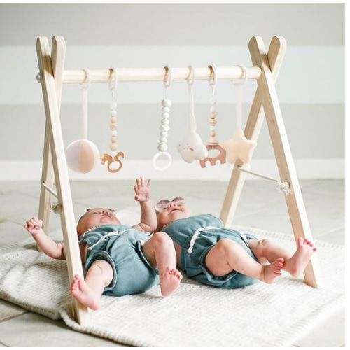 Wooden Baby Gym with 6 Gym Toys, Foldable Baby Play Gym, Natural Pine Wood Play Gym, Frame Activity Center Hanging Bar, Wooden Play Gym
