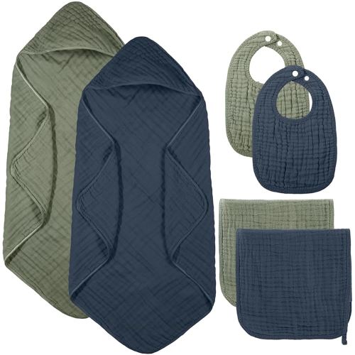 6 Pcs Muslin Hooded Bath Towels Washcloths and Bibs Set, Muslin Cotton Baby Towels Absorbent Hooded Blanket Towel Infant Bibs for Boys Girls Newborn Infant Essentials(Blue, Green)