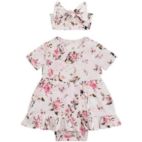 Infant Baby Girl Bodysuit Dress with Hairband Set, Bamboo Viscose Summer Clothes Outfit