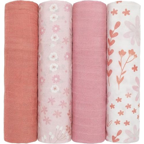 Oudain 4 Pcs Muslin Swaddle Blankets Receiving Baby Blanket for Boys Girls 47 x 43 Inches Baby Blanket Neutral Swaddle Wrap 70% Rayon and 30% Cotton for Unisex Newborn (Floral)