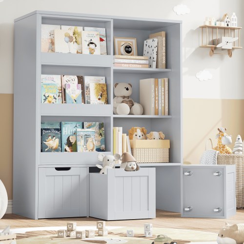 Homfa 6 Cube Toy Storage, Cube Organizer with Sliding Rack, 3 Drawer Kids Bookcase and Bookshelf, Gray