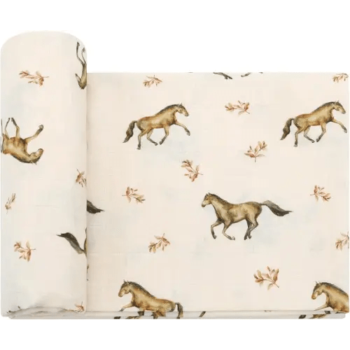 LifeTree Baby Swaddle Blankets, Muslin Swaddle Blankets Boys Girls Swaddling Wrap Receiving Blanket for Newborn, 70% Viscose Bamboo and 30% Cotton, Large 47" x 47", Horse Pattern