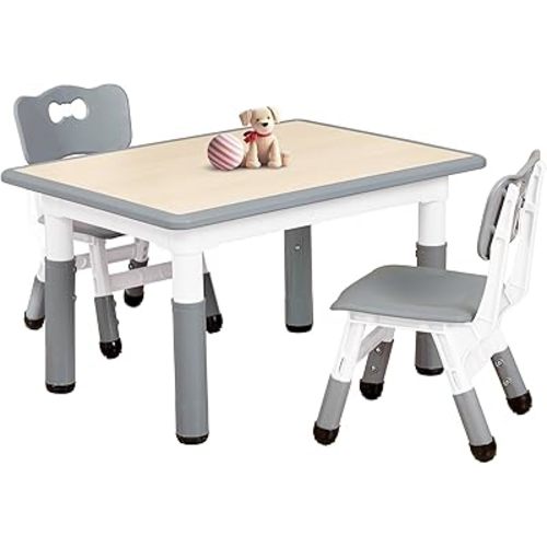FUNLIO Kids Table and 2 Chairs Set for Ages 3-8, Height Adjustable Toddler Table and Chair Set, Easy to Wipe Arts & Crafts Table, for Classrooms/Daycares/Homes, CPC & CE Approved (3pcs Set) - Gray