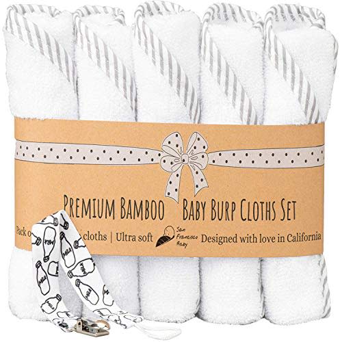 Ultra Soft Burp Cloths Unisex 5 Pack Bamboo and Cotton w/Pacifier Clip - Comfortable Fabric - Extra Absorbent Burping Bib for Spit-Ups and Spills - 19 x 9” Baby Burp Cloths/White and Gray