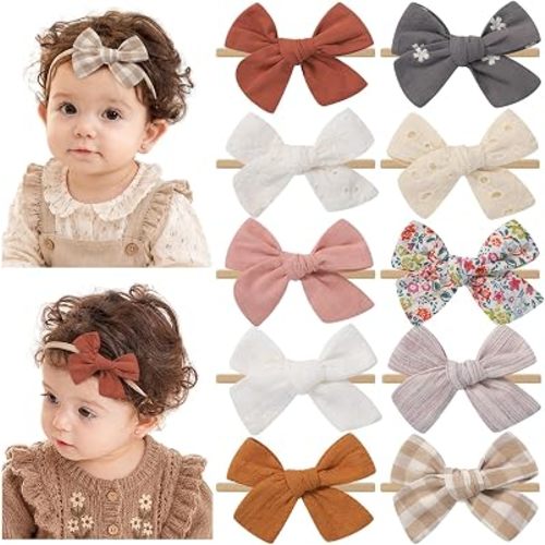 10 Pack Baby Girl Headbands with Bows, Soft Nylon Newborn Headbands