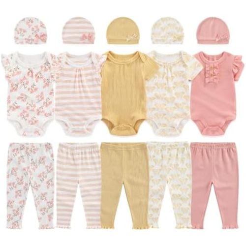 0-12 Months Unisex Baby Pants Sets New born Bodysuit and Hats 15 Pack Boy Girl Infant Comfort Outfit Clothes