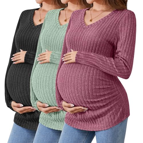 Ficerd Maternity Shirts 3 Pcs Long Sleeve Pregnancy Clothes V Neck Ribbed Fit Women Sweater Winter Mama's Thermal Tops