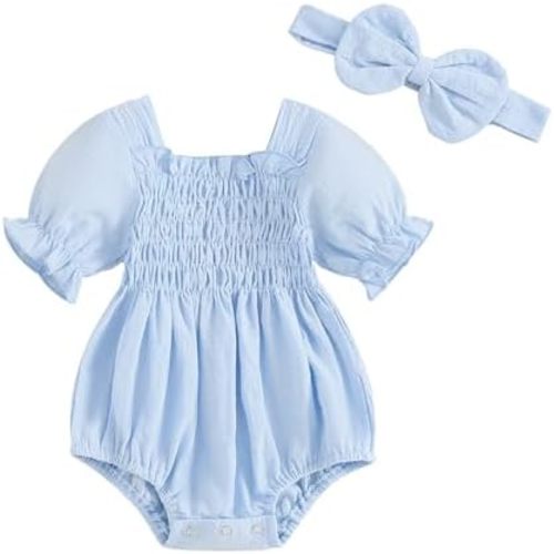 Infant Baby Girls Romper Ruffle Sleeve Pleated Smocked Bubble One Piece Ruched Jumpsuit Boho Summer Bodysuit
