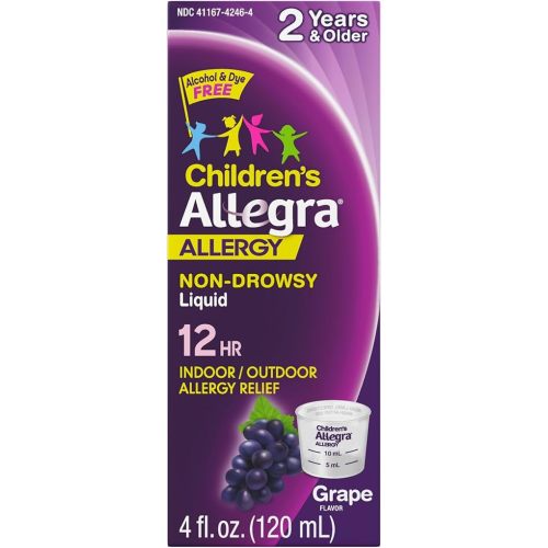 Allegra Children's 12-Hour Allergy Relief Liquid, Non-Drowsy Indoor and Outdoor Allergy Medicine, 30 mg Fexofenadine HCI Antihistamine for Kids, Grape Flavor, 4 oz