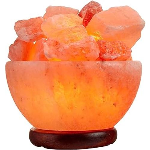 Spantik Himalayan Salt Lamp Bowl with Natural Crystal Chunks, Dimmer Cord and Classic Wood Base Premium Quality Authentic from Pakistan