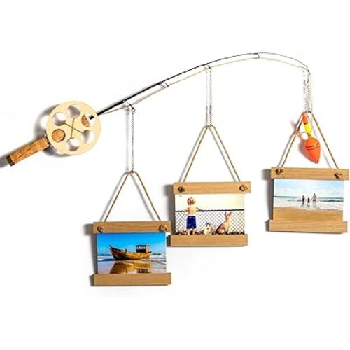 RELIY Wood Fishing Pole Wall Decor with 3 4”X4” Frames, Wall Decor for Fishing Lovers & Fishermen