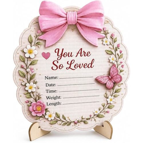 Newborn Announcement Sign for Girl, Pink Bow