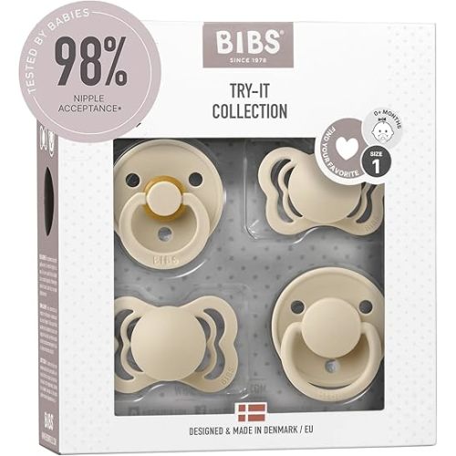 BIBS Try-It Collection | 4-Pack Soothers | BPA-Free Round, Anatomical & Symmetrical Nipple | Natural Rubber Latex/Silicone | Made in Denmark | 0-6 Months | Vanilla