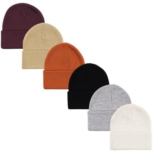 Hudson Baby Unisex Baby 6pc Knit Cuffed Beanie, Dark Pink Cream Black, Youth