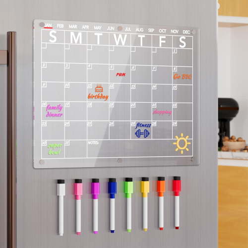 USIONE Magnetic Fridge Calendar, Clear Acrylic Dry Erase Monthly Planner with 8 Color Markers, 14.5x11.5 in