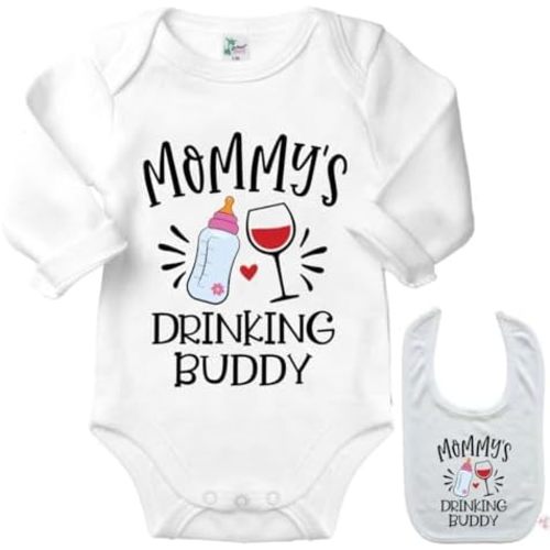 Mommy Drinking Buddy- Mom Wine Baby Milk Funny Cute Infant outfit Onesie & Blb