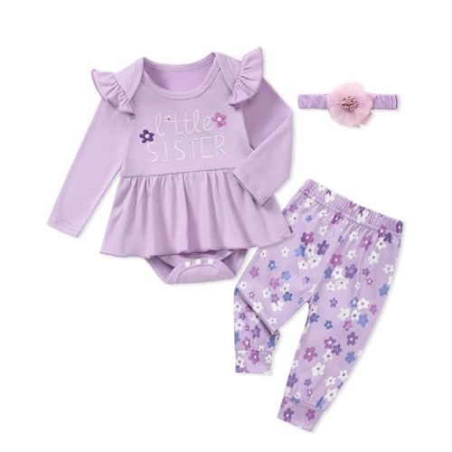 Coedody Baby Girl Clothes Long Sleeve Ruffle Romper + Pants + Headband Set Newborn Girl Outfits 0-18 Months