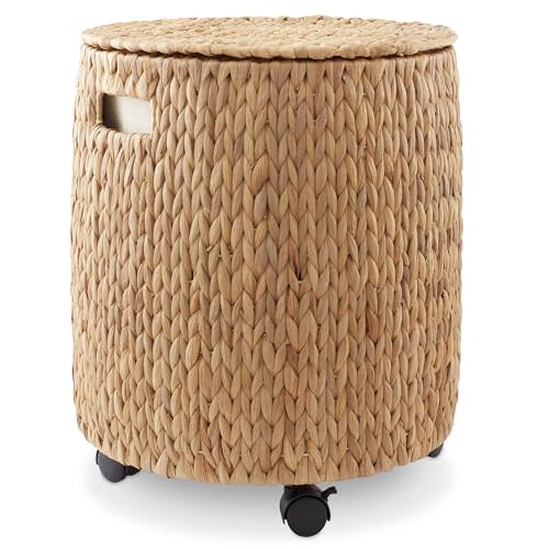 Casafield Round Rolling Storage Basket with Lid - Natural, Handwoven Water Hyacinth Rolling Hamper Storage Bin on Wheels for Living Room, Bedroom, Bathroom, Laundry