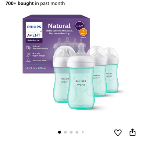 Philips Avent Natural Baby Bottles with Natural Response Nipples (Medium Flow, Flow 3), 9oz, Teal, 4-Pack, SCY903/44