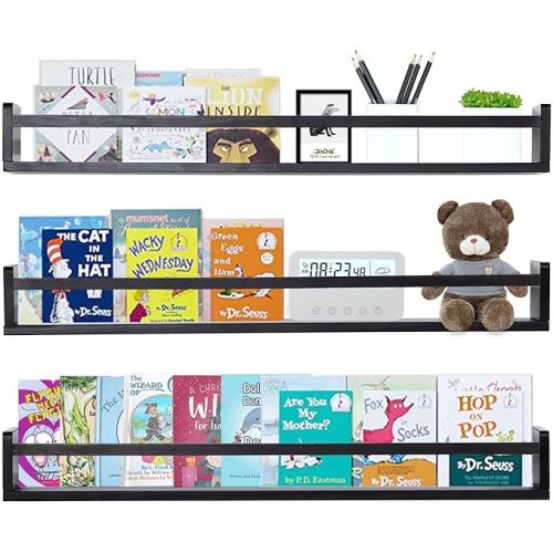 AZSKY Black Nursery Bookshelves for Wall Hanging Kids Bookshelf Baby Book Shelf Organizer Wall Bookshelves Kids Shelves and Storage for Wall Playroom Shelves 36 Inch a Set of 3 Same Sizes