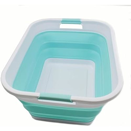 SAMMART 41L (10.8 gallon) Collapsible Plastic Laundry Basket-Foldable Pop Up Storage Container/Organizer-Portable Washing Tub, Water capacity: 32L (8.4 gallon) (Rectangular, White/Lake Green)