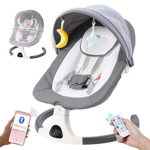 SACVON Baby Swing with Bluetooth Music & Remote, 5-Speed Portable for 0-6 Month Indoor Outdoor Use,Dark Gray