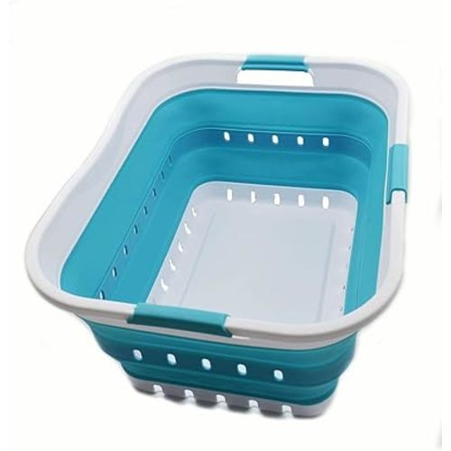 SAMMART 42L Collapsible Plastic Laundry Basket - Foldable Pop Up Storage Container/Organizer - Space Saving Hamper/Basket (1, White/Bright Blue)