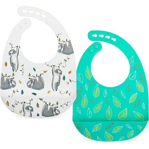 Nuby 2 Pack Adjustable Easy Clean Soft Silicone Bibs with Scoop, Leaves & Sloth