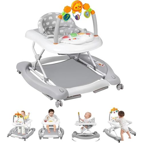 Baby Walker with Wheels, 5 in 1 Baby Walkers for Boys Girls 6-12 Months, Foldable Walker Baby with Bouncer & Feeding Tray, Music, Adjustable Heights