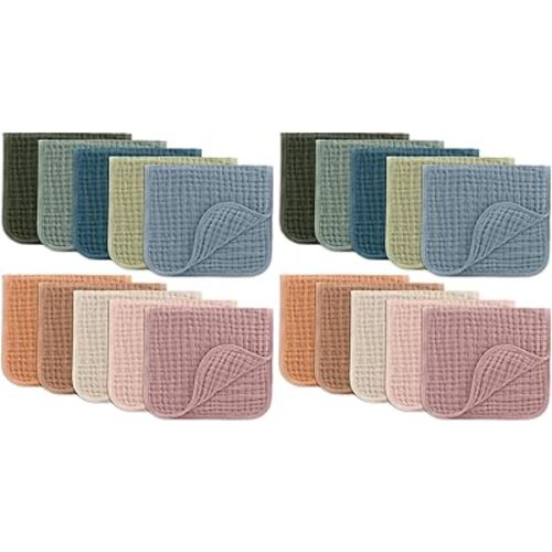 Comfy Cubs Muslin Burp Cloths 20" x 10", Pack of 20 - Large, 6-Layer, Ultra Absorbent 100% Cotton for Baby Drool and Messes - Soft, Safe & Gentle Baby Burp Cloths for Boys & Girls - Multi