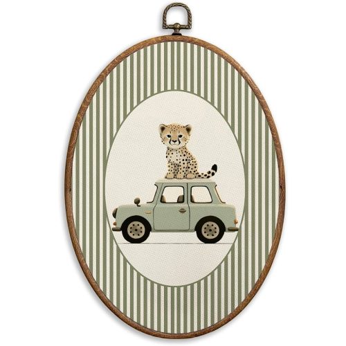 SONMYSULIL Leopard Car Nursery Wall Art Decor, Animal Nursery Oval Wall Hanging Decor, Green Striped Cheetah Framed Canvas Prints for Kids Toddler Boys Room Bedroom Playroom, 8.6x11.4 Inch